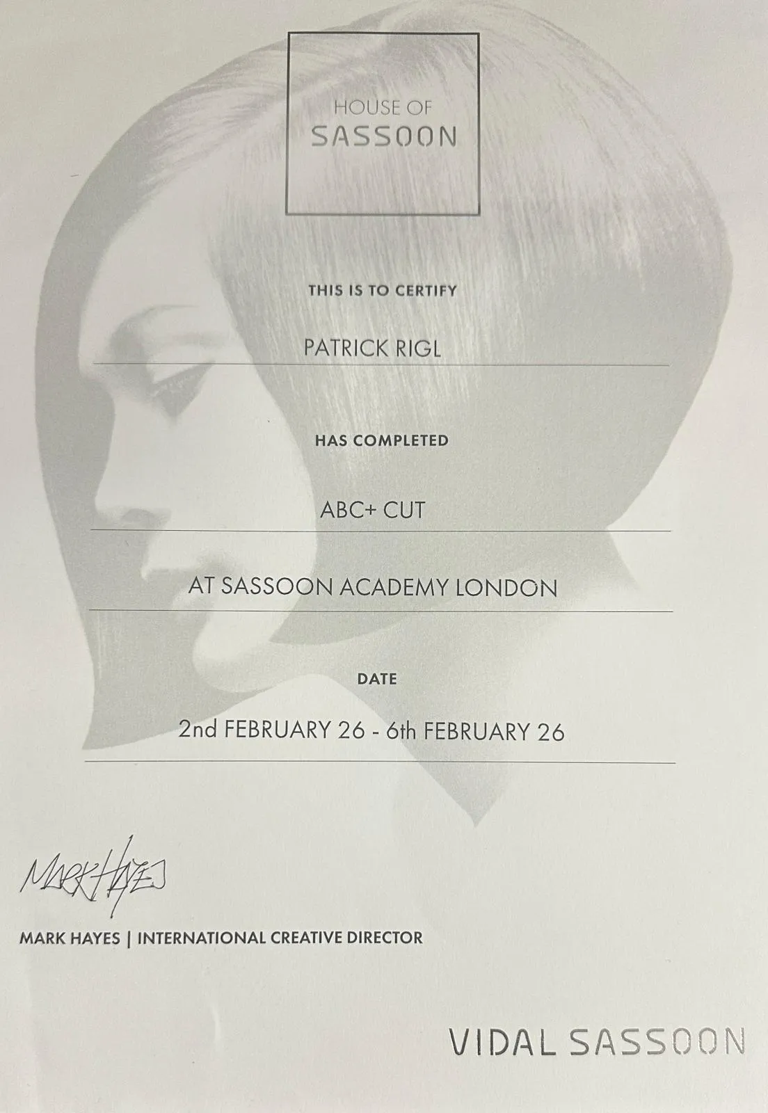 Sassoon Academy London certificate, ABC+ Cut, February 2026
